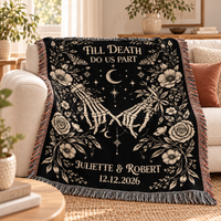 Personalized Till Death Woven Blanket, Gothic Skeleton Couple Throw, Wedding & Anniversary Gift