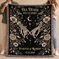 Personalized Till Death Woven Blanket, Gothic Skeleton Couple Throw, Wedding & Anniversary Gift