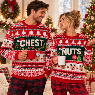 Chest Nuts Christmas Couple Ugly Sweater - Funny Matching His & Hers Holiday Sweatshirt