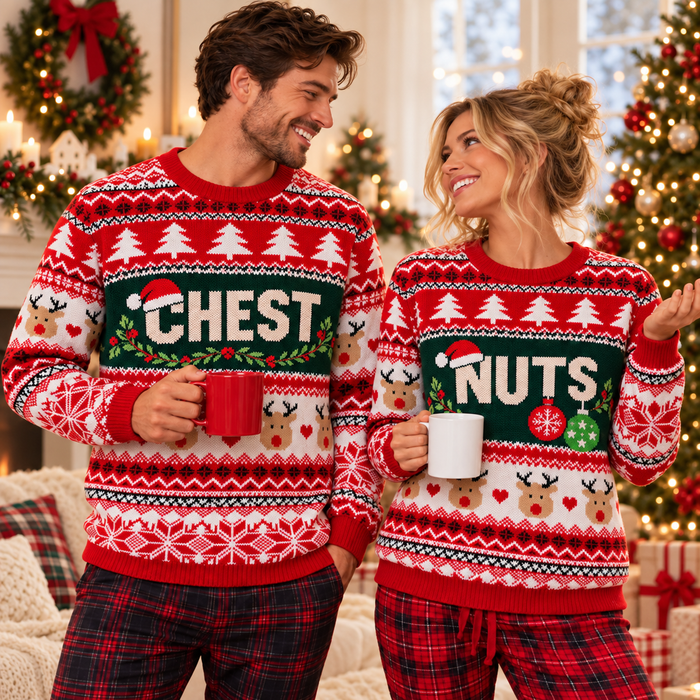 Chest Nuts Christmas Couple Ugly Sweater - Funny Matching His & Hers Holiday Sweatshirt