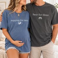 Pregnancy Announcement Comfort Colors Couple Shirts, Napping for Two & Beer for Three Matching Mom Dad Tees