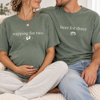 Pregnancy Announcement Comfort Colors Couple Shirts, Napping for Two & Beer for Three Matching Mom Dad Tees