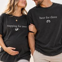Pregnancy Announcement Comfort Colors Couple Shirts, Napping for Two & Beer for Three Matching Mom Dad Tees