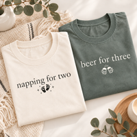 Pregnancy Announcement Comfort Colors Couple Shirts, Napping for Two & Beer for Three Matching Mom Dad Tees