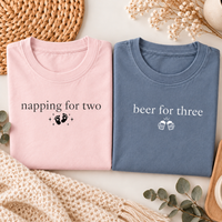 Pregnancy Announcement Comfort Colors Couple Shirts, Napping for Two & Beer for Three Matching Mom Dad Tees