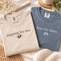 Pregnancy Announcement Comfort Colors Couple Shirts, Napping for Two & Beer for Three Matching Mom Dad Tees