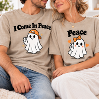 I Come In Peace & Peace Ghost Comfort Colors Tees, Matching Halloween Couple Shirts
