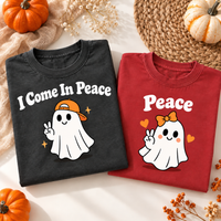 I Come In Peace & Peace Ghost Comfort Colors Tees, Matching Halloween Couple Shirts