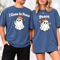 I Come In Peace & Peace Ghost Comfort Colors Tees, Matching Halloween Couple Shirts