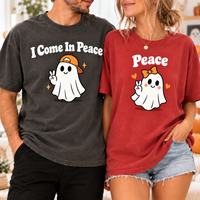 I Come In Peace & Peace Ghost Comfort Colors Tees, Matching Halloween Couple Shirts