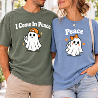 I Come In Peace & Peace Ghost Comfort Colors Tees, Matching Halloween Couple Shirts