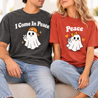 I Come In Peace & Peace Ghost Comfort Colors Tees, Matching Halloween Couple Shirts