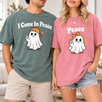 I Come In Peace & Peace Ghost Comfort Colors Tees, Matching Halloween Couple Shirts
