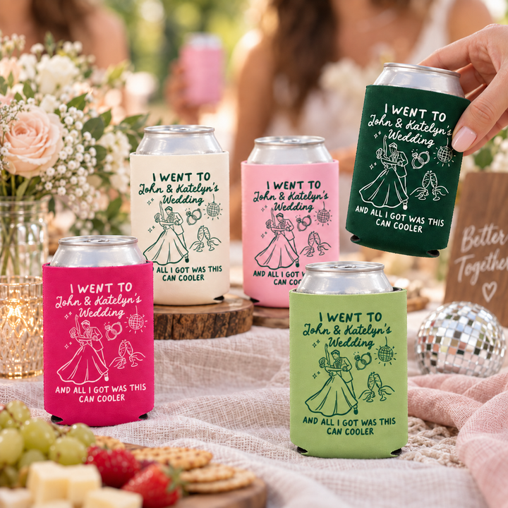 Funny Personalized Wedding Can Cooler, Custom Couple Names Party Favor, Wedding Reception Drink Sleeve, Guest Keepsake Gift