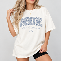 Custom Blue Toile Bride Shirt, Personalized Mrs Name Tee, Chinoiserie Bride Shirt, Bridal Shower Gift