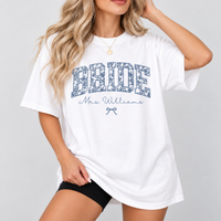 Custom Blue Toile Bride Shirt, Personalized Mrs Name Tee, Chinoiserie Bride Shirt, Bridal Shower Gift