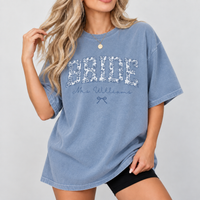 Custom Blue Toile Bride Shirt, Personalized Mrs Name Tee, Chinoiserie Bride Shirt, Bridal Shower Gift