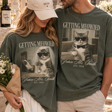 Matching Getting Meowied Future Mr & Mrs Shirts, Funny Cat Engagement Couple Tees, Bride and Groom Gift