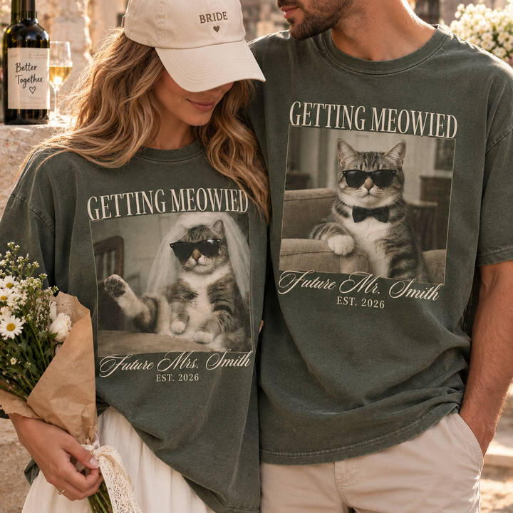 Matching Getting Meowied Future Mr & Mrs Shirts, Funny Cat Engagement Couple Tees, Bride and Groom Gift