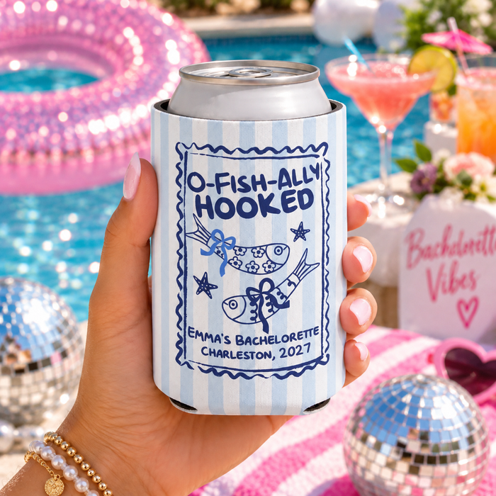 Ofishally Hooked Bachelorette Can Cooler – Personalized Fish Party Favor
