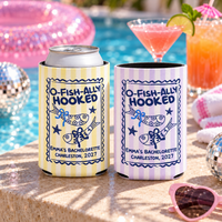 Ofishally Hooked Bachelorette Can Cooler, Personalized Fish Bach Party Favor, Coquette Beach Weekend Drink Sleeve