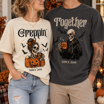 Creepin’ Together Halloween Couple Shirts, Personalized Year Skeleton Tees, Matching Spooky Couple Gift