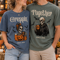 Creepin’ Together Halloween Couple Shirts, Personalized Year Skeleton Tees, Matching Spooky Couple Gift