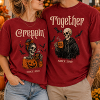 Creepin’ Together Halloween Couple Shirts, Personalized Year Skeleton Tees, Matching Spooky Couple Gift