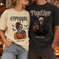 Creepin’ Together Halloween Couple Shirts, Personalized Year Skeleton Tees, Matching Spooky Couple Gift