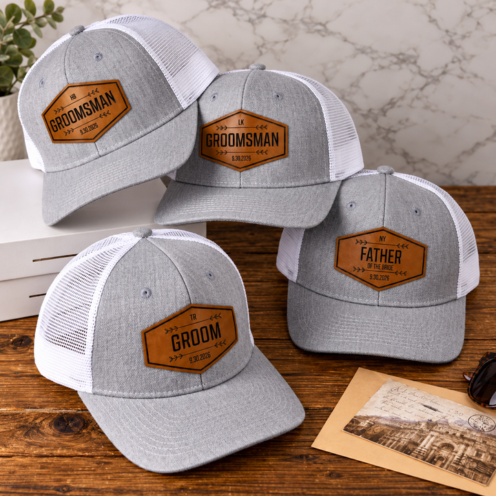 Custom Groomsman Leather Patch Trucker Hat - Personalized Groom & Wedding Party Cap