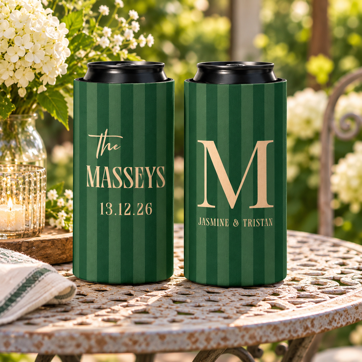 Personalized Monogram Wedding Can Coolers, Custom Monogram Drink Sleeves, Wedding Party Favors