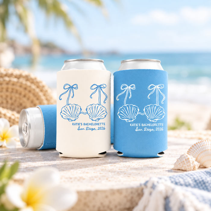 Mermaid Seashell Bachelorette Can Coolers – Personalized Beach Party Favors
