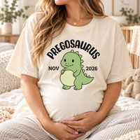 Preggosaurus Pregnancy Announcement Shirt, Custom Due Date Dinosaur Tee, Funny Baby Announcement & Maternity Gift