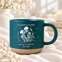 Til Death Do Us Part Skeleton Pottery Mug, Personalized Halloween Couple Anniversary Mug, Gothic Wedding Gift