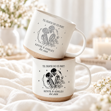 Til Death Do Us Part Skeleton Pottery Mug, Personalized Halloween Couple Anniversary Mug, Gothic Wedding Gift