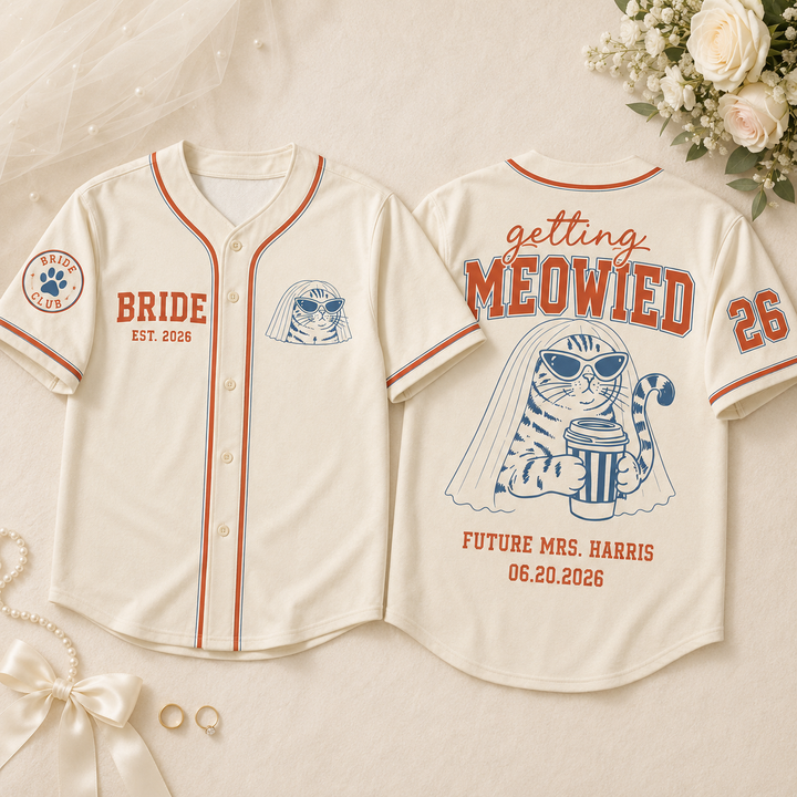 Personalized Getting Meowied Bride Club Baseball Jersey, Custom Name Number Wedding Shirt image 1