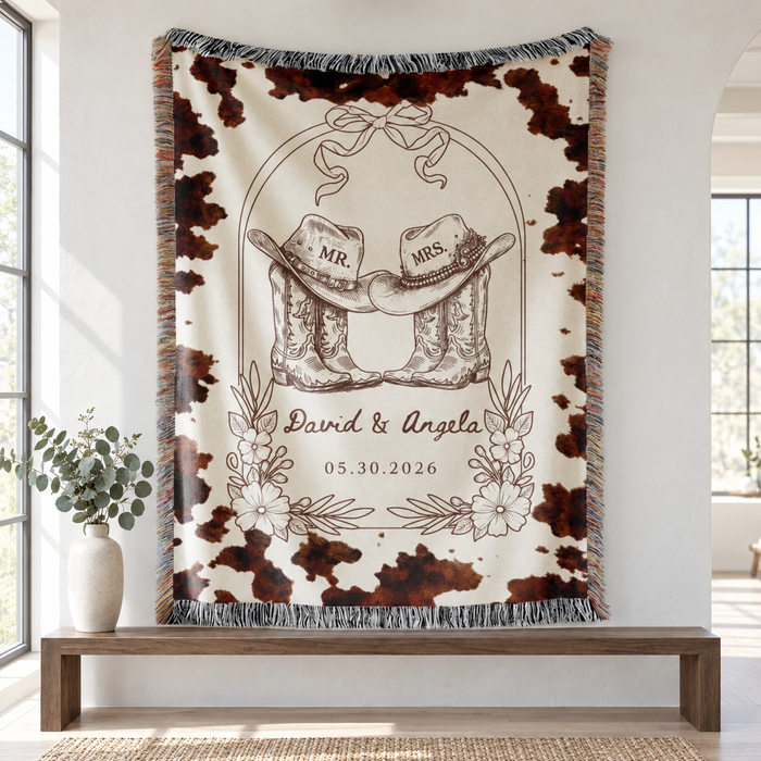 Custom Western Wedding Blanket – Cowboy Mr and Mrs Names & Date Throw