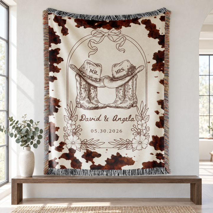 Western Wedding Blanket Custom With Names And Date, Cowboy Mr And Mrs Woven Throw, Rustic Bridal Shower Gift, Personalized Couple Present
