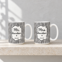 Personalized Mr Mrs Stripe Mug, Engagement Mug, Newly Engaged Gift, Bride Groom Mugs, Custom Wedding Mugs, Anniversary Gift, His Hers Mugs