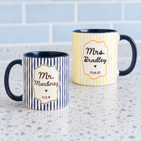 Personalized Mr Mrs Stripe Mug, Engagement Mug, Newly Engaged Gift, Bride Groom Mugs, Custom Wedding Mugs, Anniversary Gift, His Hers Mugs