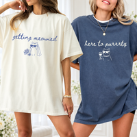 Funny Bride Cat Theme Bachelorette Shirts, Getting Meowied Cat Lover Bachelorette Party Oversized Cotton Tees