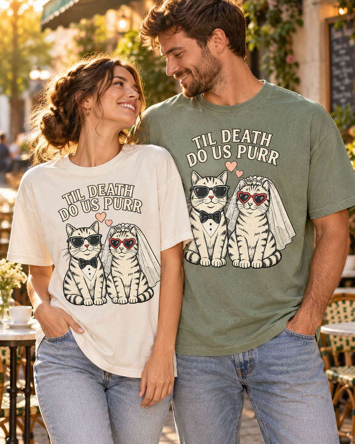 Til Death Do Us Purr Shirt, Funny Cat Couple Comfort Colors Tee mockup 1