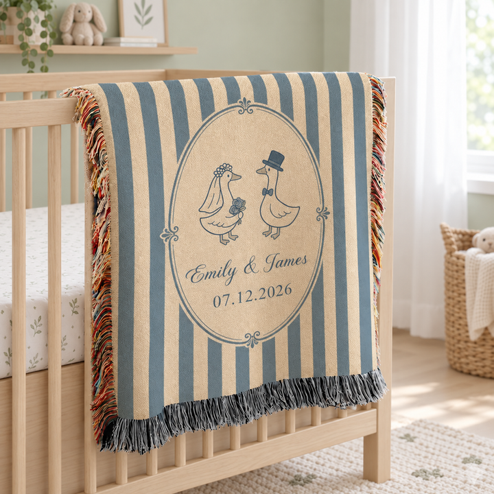 Personalized Silly Goose Wedding Woven Blanket, Custom Couple Names Anniversary Tapestry, Wedding Gift For Newlyweds