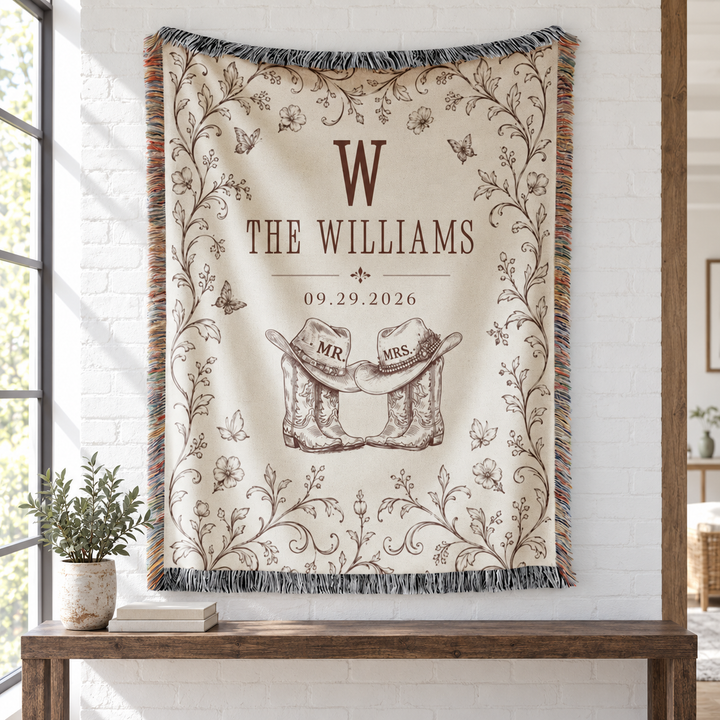 Western Wedding Blanket Custom With Names And Date, Cowboy Mr And Mrs Woven Throw, Rustic Bridal Shower Gift, Personalized Couple Present