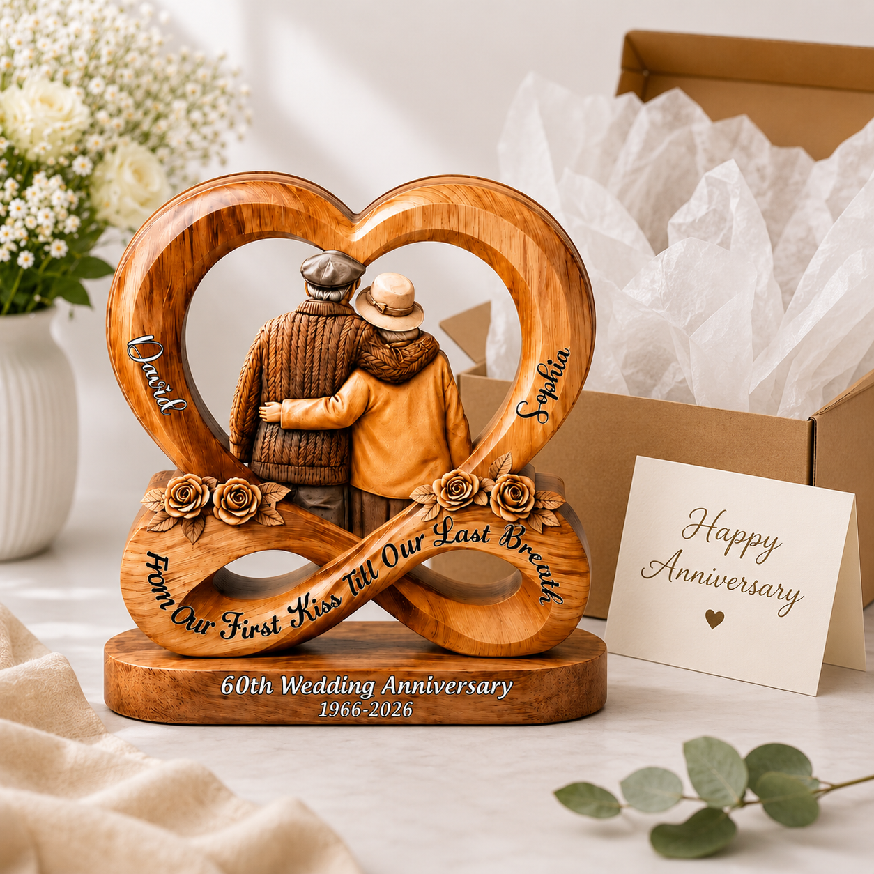 Personalized Wooden Infinity Heart Block, Custom Couple Names Anniversary Title & Year, Romantic Wedding Keepsake Gift