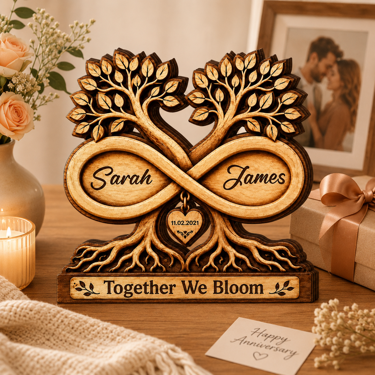 Personalized Wooden Infinity Tree Plaque, Custom Couple Names and Date, Wedding, Newlywed or Anniversary Gift