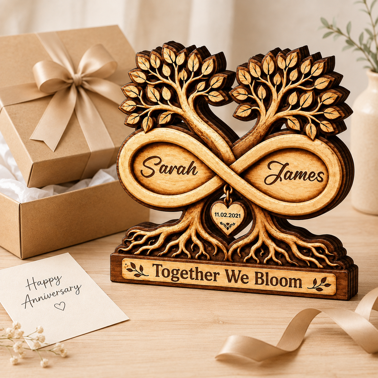 Personalized Wooden Infinity Tree Plaque, Custom Couple Names and Date, Wedding, Newlywed or Anniversary Gift
