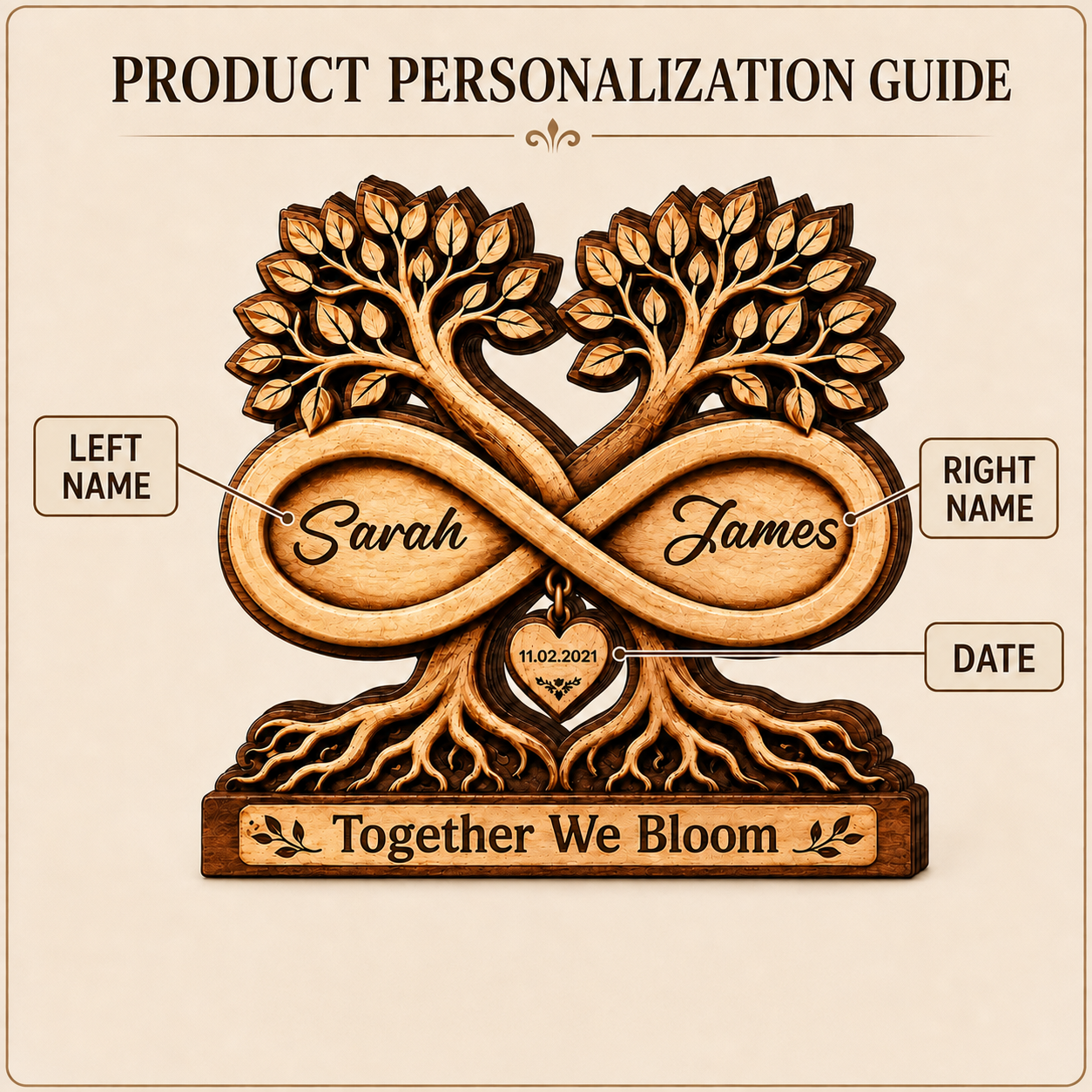 Personalized Wooden Infinity Tree Plaque, Custom Couple Names and Date, Wedding, Newlywed or Anniversary Gift