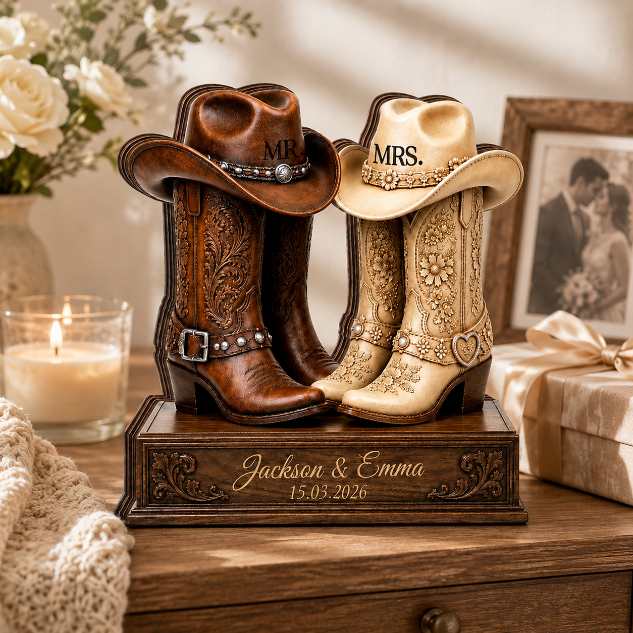 Personalized Western Couple Plaque for Bride and Groom, Custom Names & Wedding Date, Rustic Wooden Wedding Keepsake