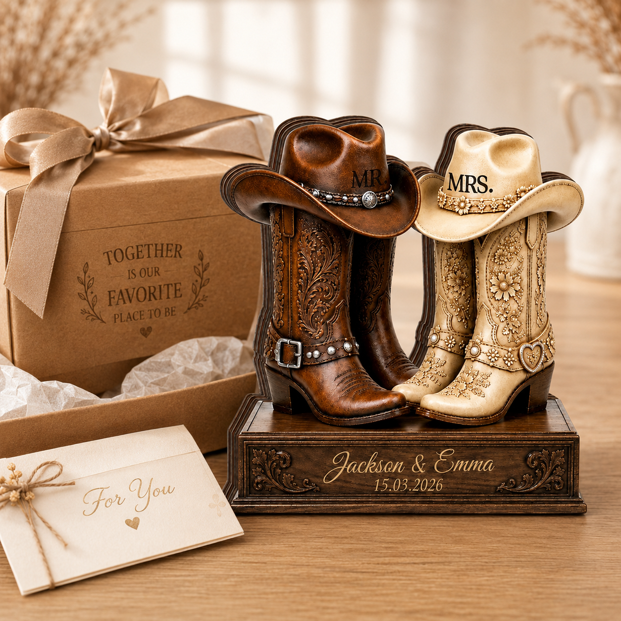 Personalized Western Couple Plaque for Bride and Groom, Custom Names & Wedding Date, Rustic Wooden Wedding Keepsake